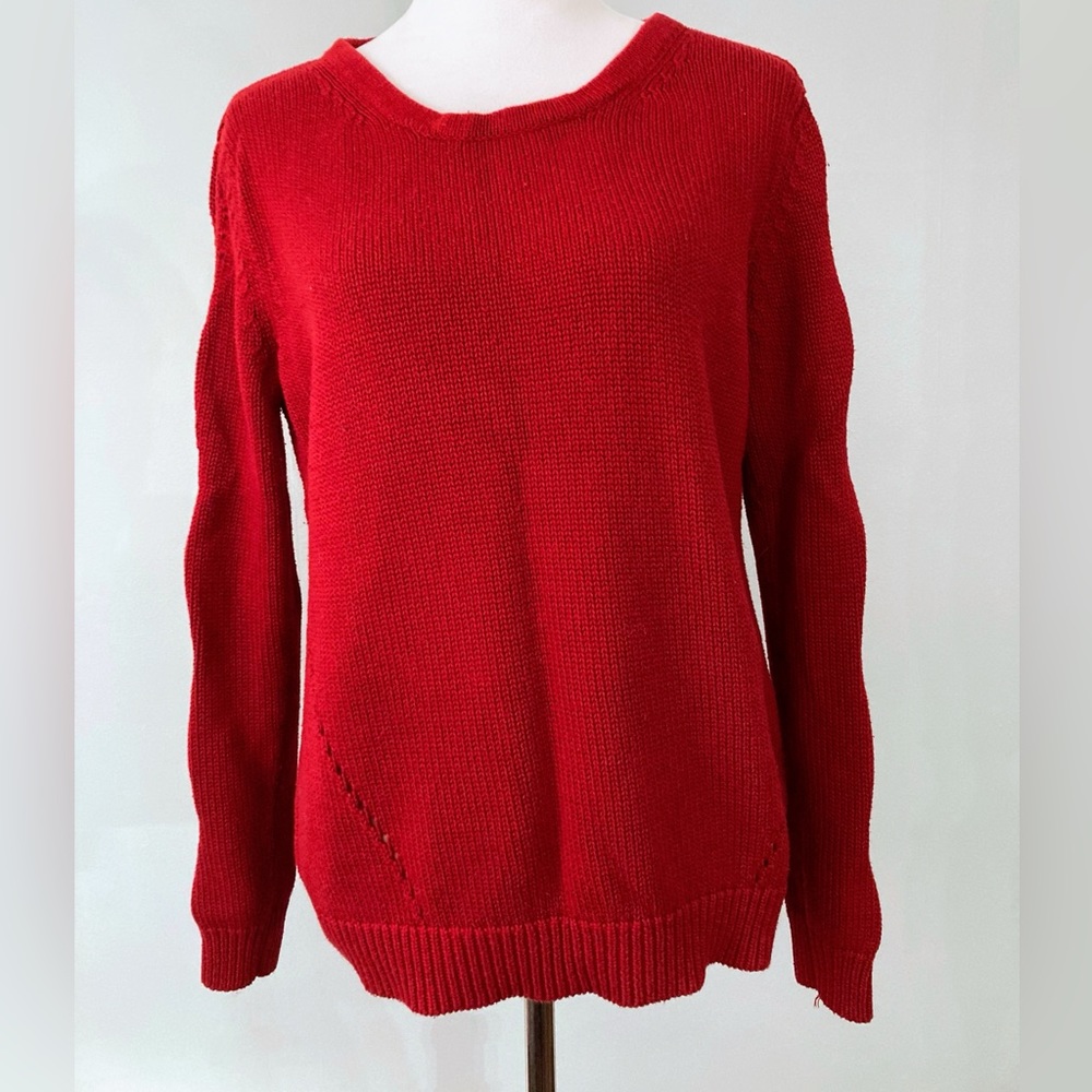 HARPER LANE Bright Lipstick Red Peekaboo Sleeve Crewneck Pullover Sweater